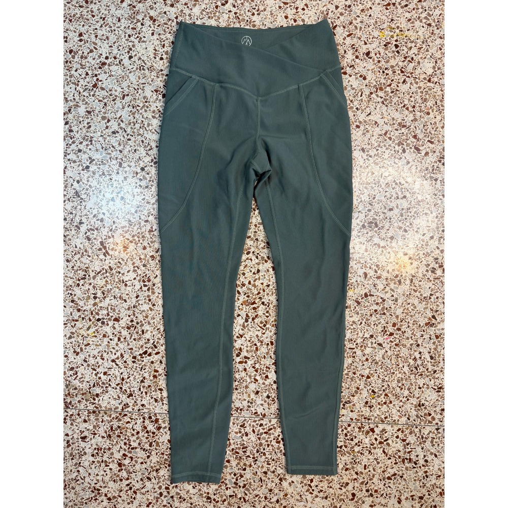 Move Theory Ribbed Crossover Waist‎ Leggings Sage Green XS Pockets Athleisure